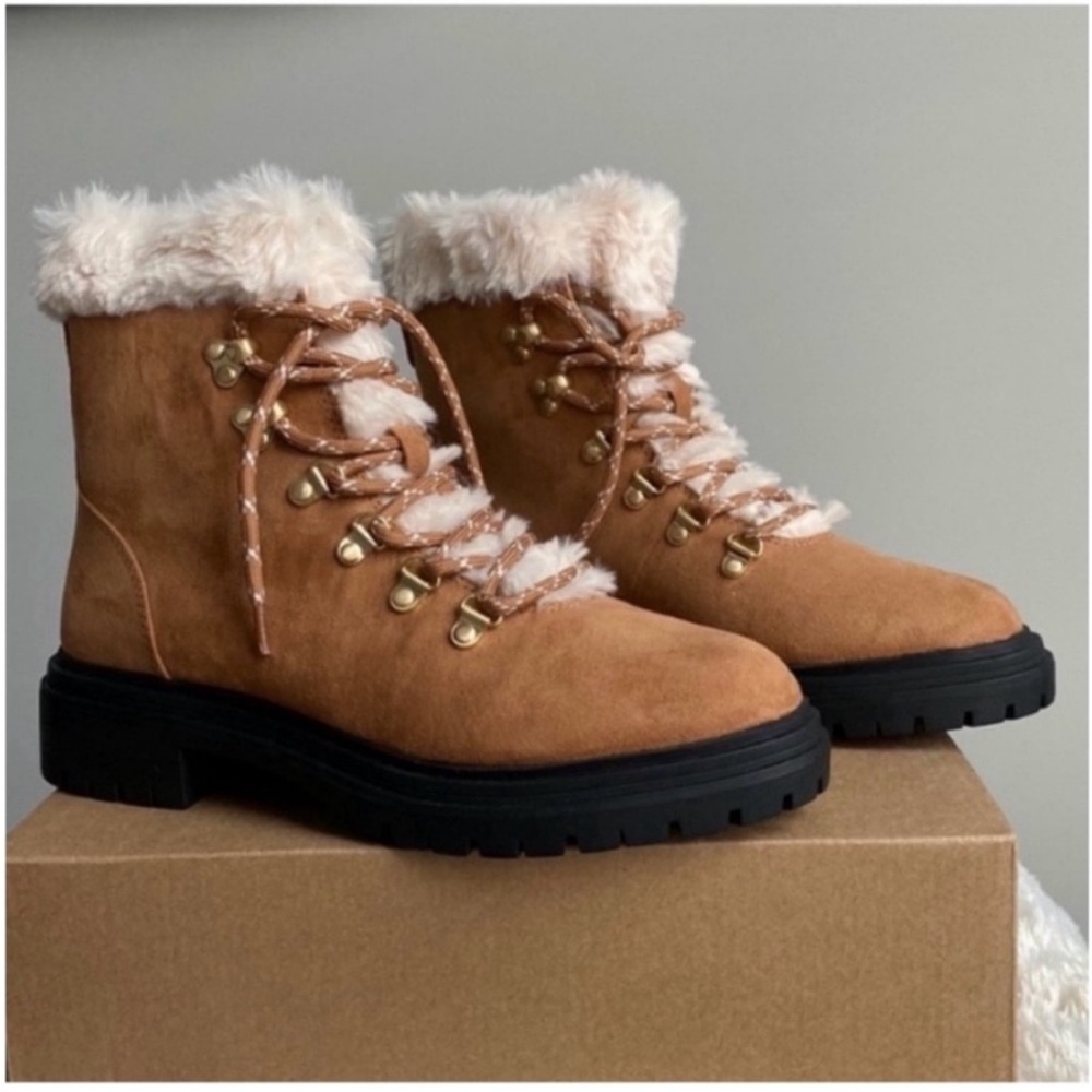 J. Crew Tan Lace Up Boots with Cream Fur